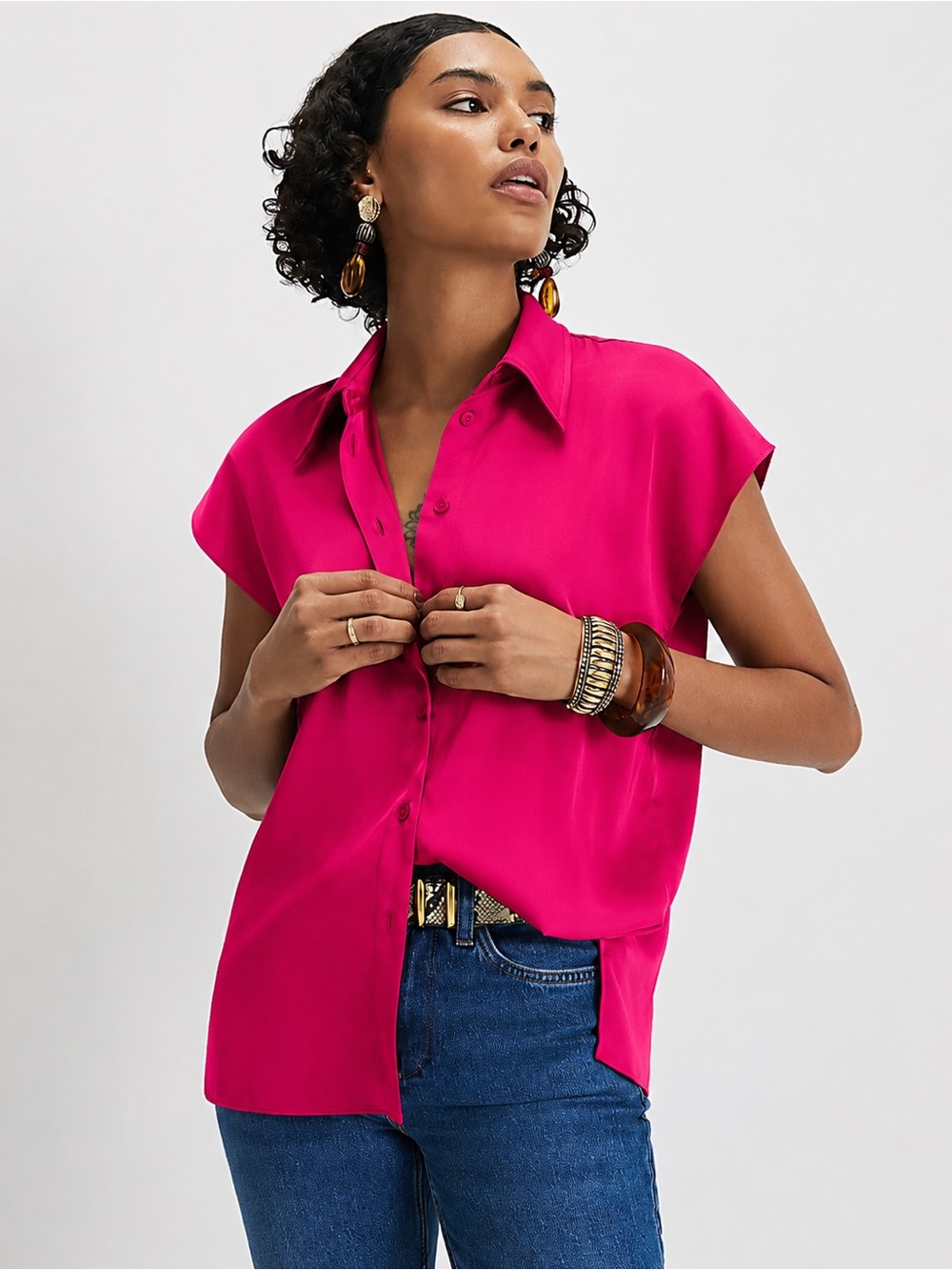 Nine West Fuschia Silky Satin Short-Sleeve Button-Down Blouse Shirt Small